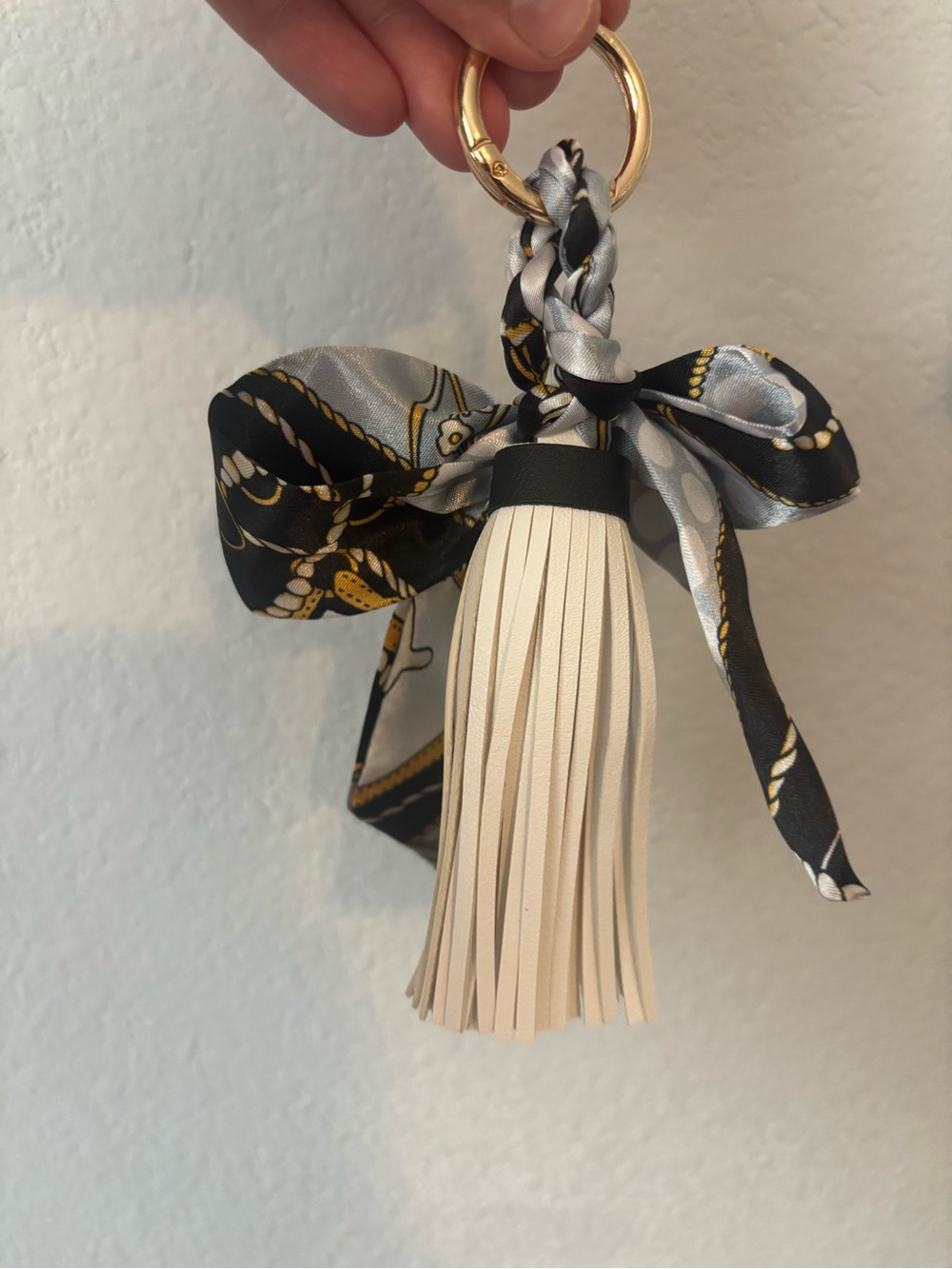Fringed Tassel Keyring with Black & Cream Scarf Accent